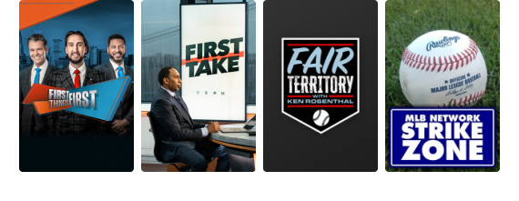 Programming tiles for First Take, Fair Territory, and MLB Network Strike Zone.