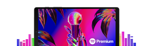 A tablet device shows a rainbow colored scene with a hand holding a shiny disco ball microphone in front of tropical plants with the spotify premium logo in the corner