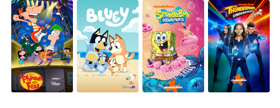 Programming tiles for Paw Patrol, Bluey, SpongeBob SquarePants, and The Thundermans.