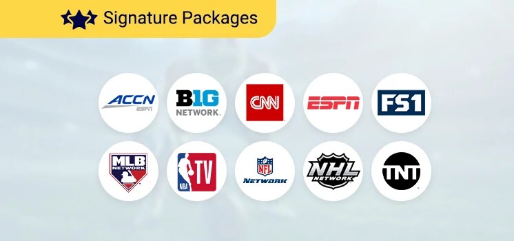Signature packages channel icons showing ACC Network, Big 10 Network, CNN, ESPN, FS1, NLB Network, NBA TV, NFL Network, NHL Network, TNT.